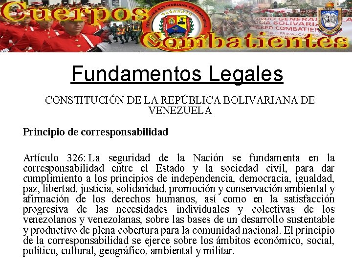 Fundamentos Legales CONSTITUCIÓN DE LA REPÚBLICA BOLIVARIANA DE VENEZUELA Principio de corresponsabilidad Artículo 326: