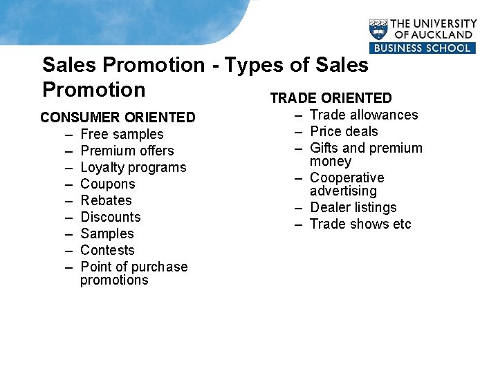 Sales Promotion - Types of Sales Promotion TRADE ORIENTED CONSUMER ORIENTED – Free samples