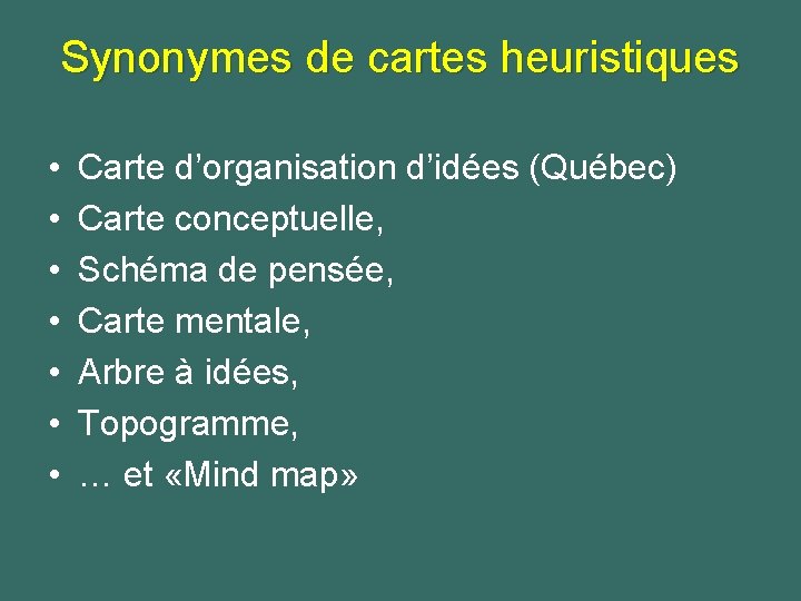 Synonymes de cartes heuristiques • • Carte d’organisation d’idées (Québec) Carte conceptuelle, Schéma de
