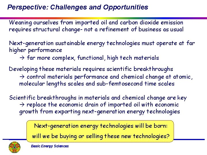 Perspective: Challenges and Opportunities Weaning ourselves from imported oil and carbon dioxide emission requires