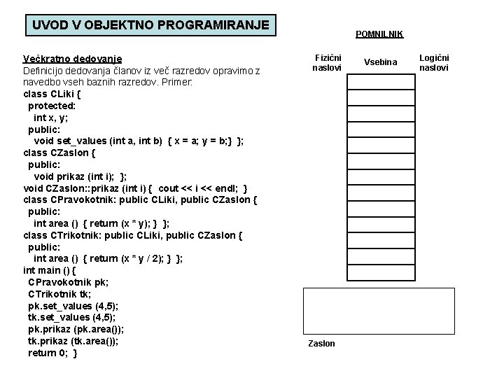 UVOD V OBJEKTNO PROGRAMIRANJE Večkratno dedovanje Definicijo dedovanja članov iz več razredov opravimo z