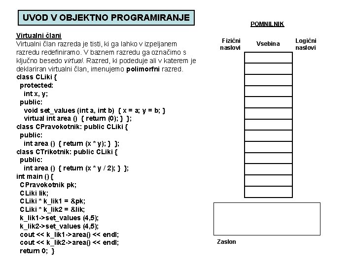 UVOD V OBJEKTNO PROGRAMIRANJE Virtualni člani Virtualni član razreda je tisti, ki ga lahko