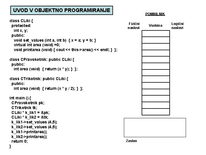 UVOD V OBJEKTNO PROGRAMIRANJE class CLiki { protected: int x, y; public: void set_values