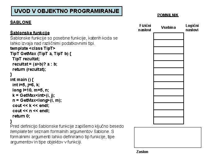 UVOD V OBJEKTNO PROGRAMIRANJE ŠABLONE Šablonske funkcije so posebne funkcije, katerih koda se lahko