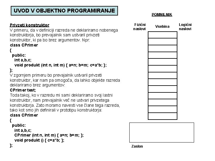 UVOD V OBJEKTNO PROGRAMIRANJE Privzeti konstruktor V primeru, da v definiciji razreda ne deklariramo