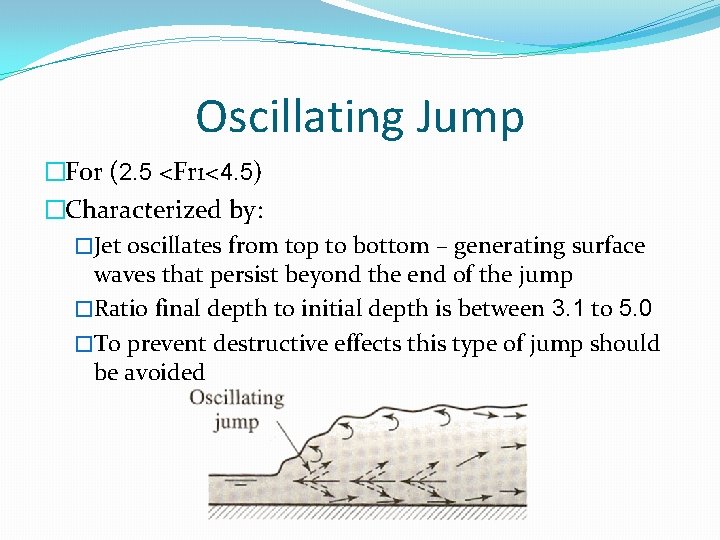 Oscillating Jump �For (2. 5 <Fr 1<4. 5) �Characterized by: �Jet oscillates from top