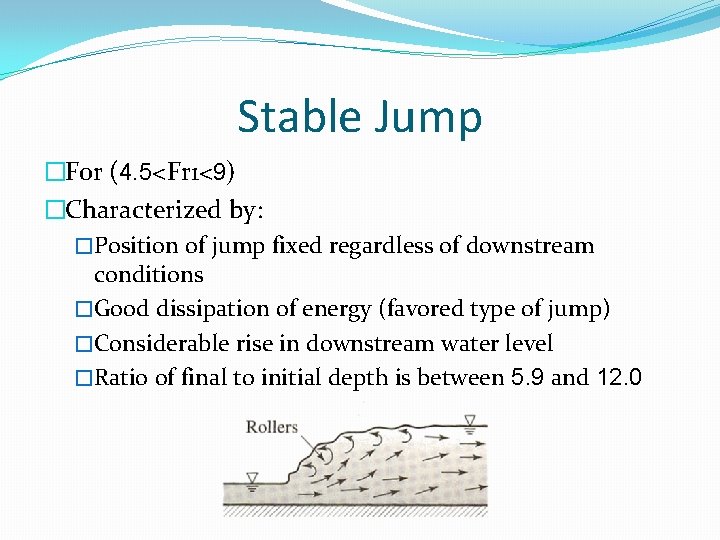 Stable Jump �For (4. 5<Fr 1<9) �Characterized by: �Position of jump fixed regardless of