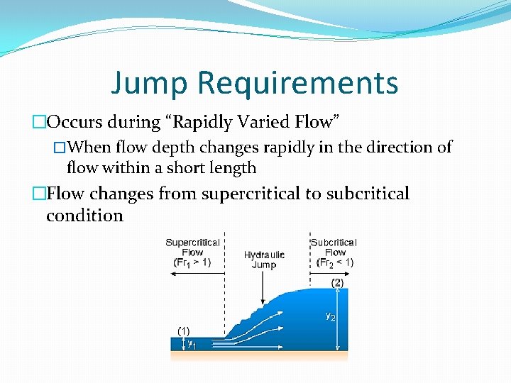 Jump Requirements �Occurs during “Rapidly Varied Flow” �When flow depth changes rapidly in the