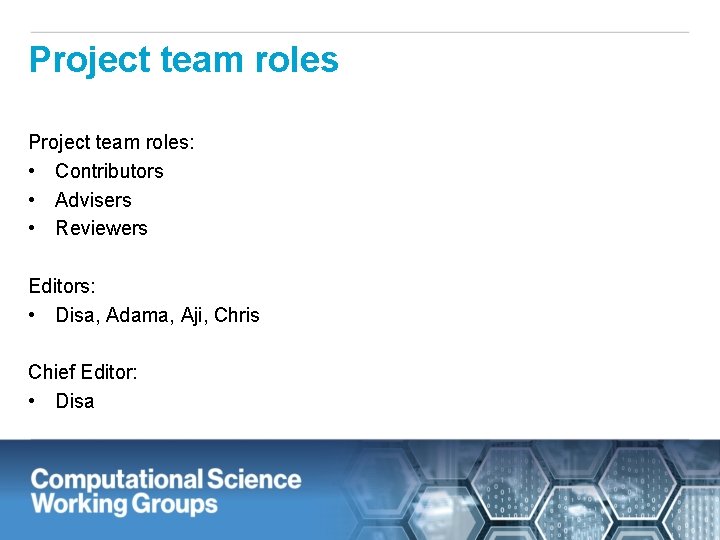 Project team roles: • Contributors • Advisers • Reviewers Editors: • Disa, Adama, Aji,