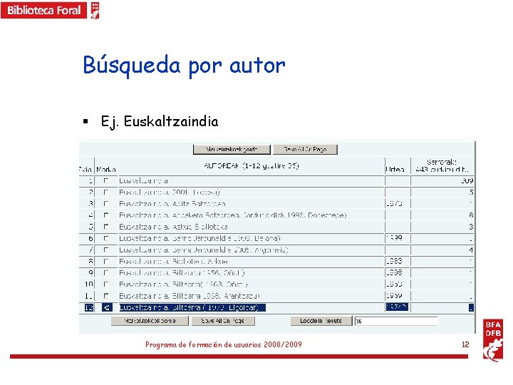 Búsqueda por autor § Ej. Euskaltzaindia Programa de formación de usuarios 2008/2009 12 