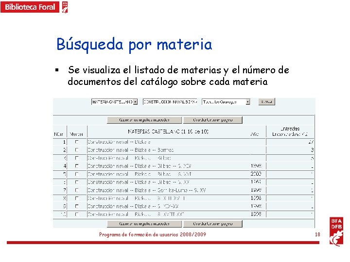 Búsqueda por materia § Se visualiza el listado de materias y el número de