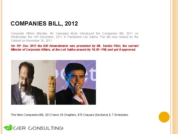 COMPANIES BILL, 2012 Corporate Affairs Minister, Mr Veerappa Moily introduced the Companies Bill, 2011