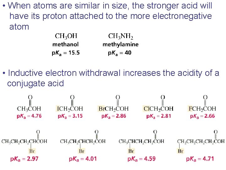  • When atoms are similar in size, the stronger acid will have its