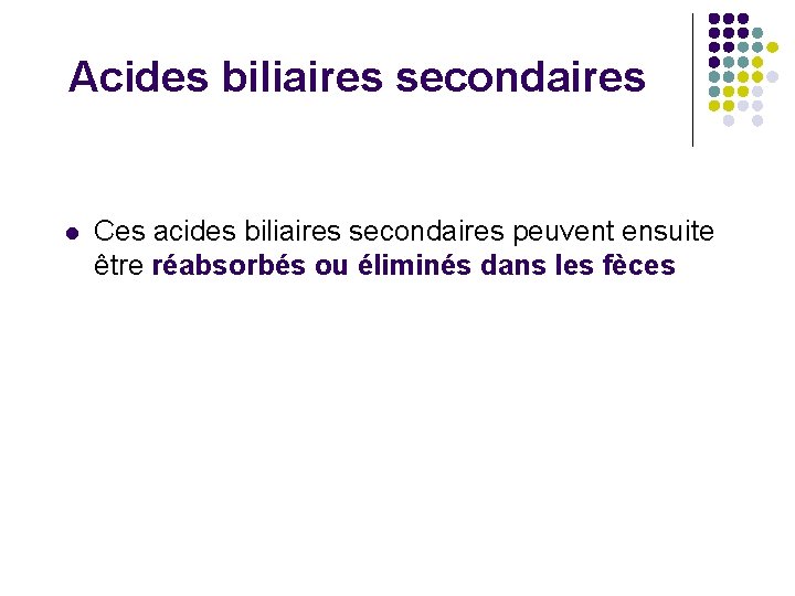 Acides biliaires secondaires l Ces acides biliaires secondaires peuvent ensuite être réabsorbés ou éliminés