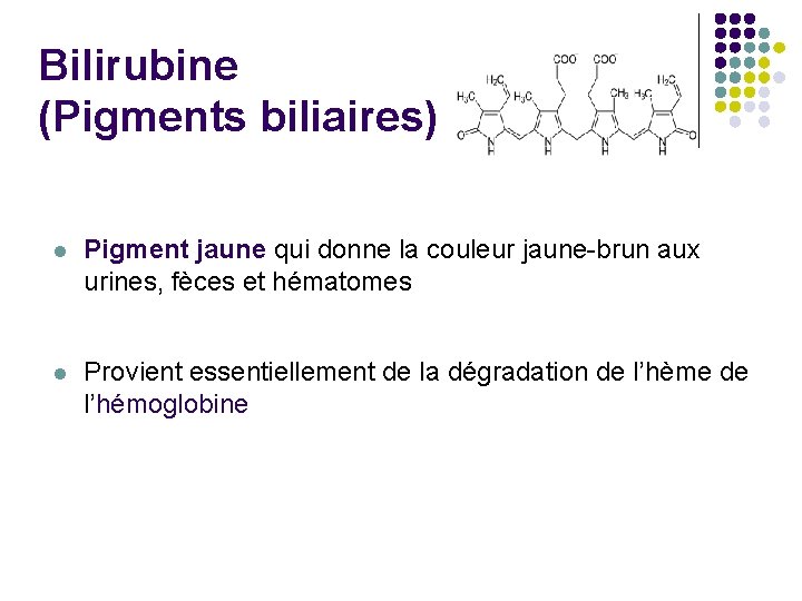 Bilirubine (Pigments biliaires) l Pigment jaune qui donne la couleur jaune-brun aux urines, fèces