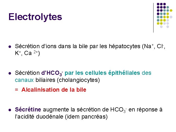Electrolytes l Sécrétion d’ions dans la bile par les hépatocytes (Na+, Cl-, K+, Ca