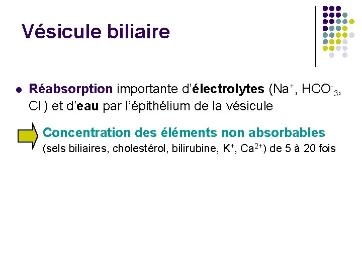 Vésicule biliaire l Réabsorption importante d’électrolytes (Na+, HCO-3, Cl-) et d’eau par l’épithélium de