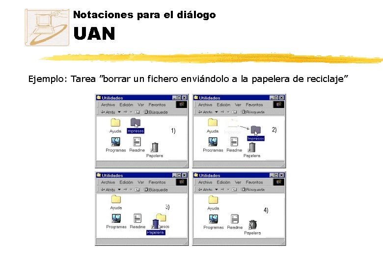 Notaciones para el diálogo UAN Ejemplo: Tarea ”borrar un fichero enviándolo a la papelera Notaciones para el diálogo UAN Ejemplo: Tarea ”borrar un fichero enviándolo a la papelera