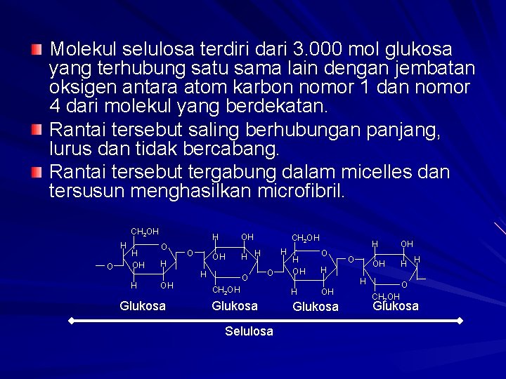 Molekul selulosa terdiri dari 3. 000 mol glukosa yang terhubung satu sama lain dengan