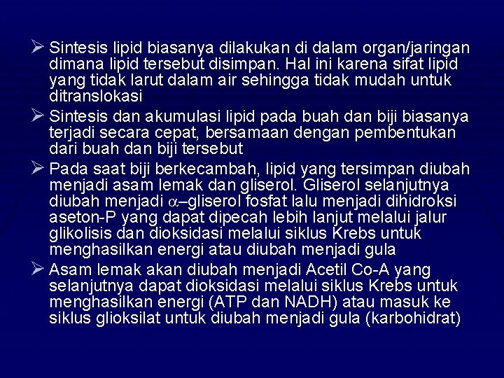 Ø Sintesis lipid biasanya dilakukan di dalam organ/jaringan dimana lipid tersebut disimpan. Hal ini