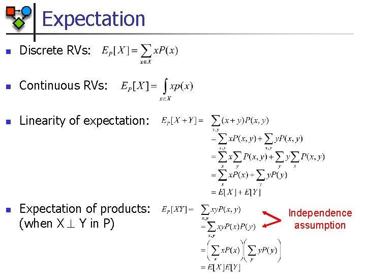 Expectation n Discrete RVs: n Continuous RVs: n Linearity of expectation: n Expectation of