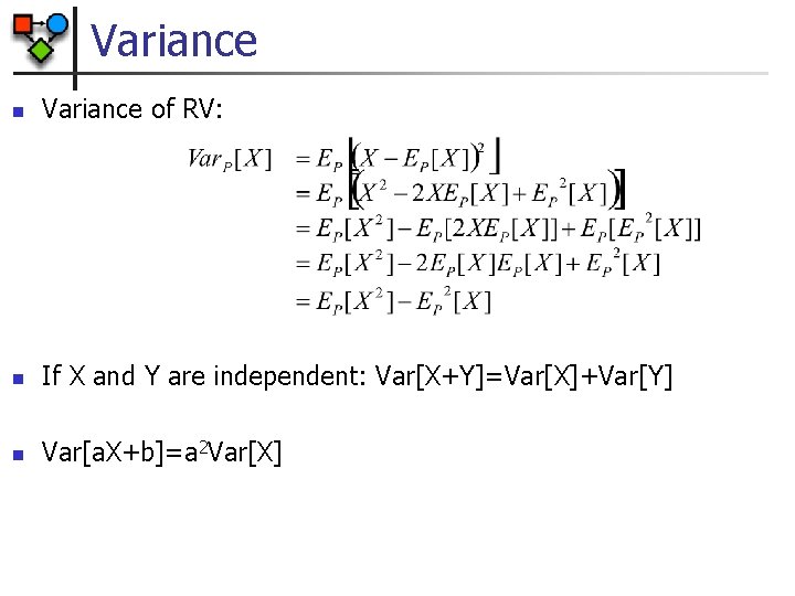 Variance n Variance of RV: n If X and Y are independent: Var[X+Y]=Var[X]+Var[Y] n