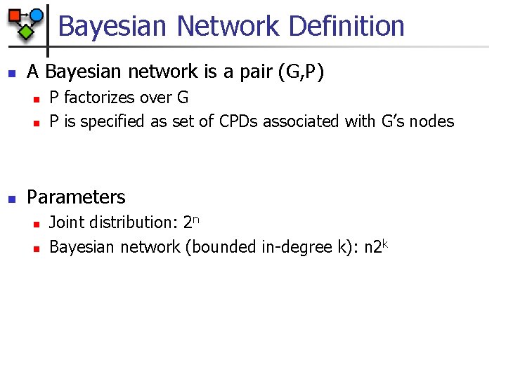 Bayesian Network Definition n A Bayesian network is a pair (G, P) n n