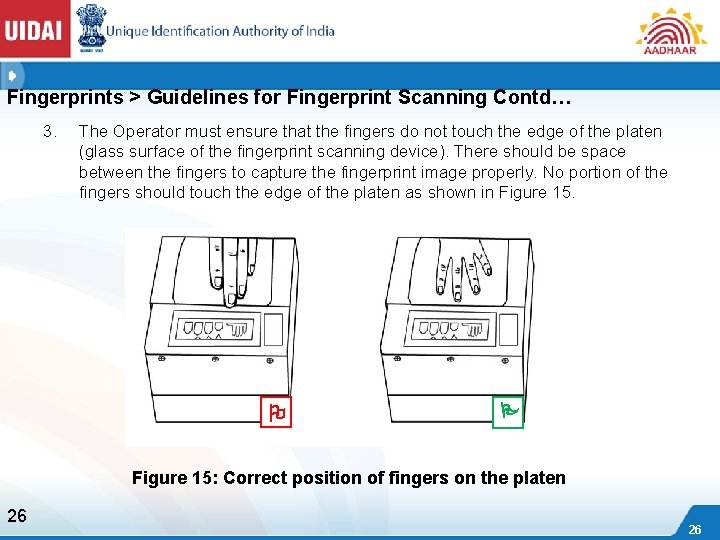 Fingerprints > Guidelines for Fingerprint Scanning Contd… 3. The Operator must ensure that the