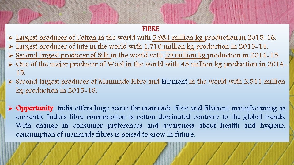 Ø Ø Ø FIBRE Largest producer of Cotton in the world with 5, 984