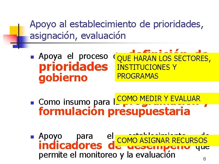 Apoyo al establecimiento de prioridades, asignación, evaluación n Apoya el proceso de de QUEdefinición