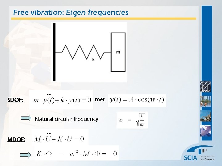 Free vibration: Eigen frequencies SDOF: met Natural circular frequency MDOF: 