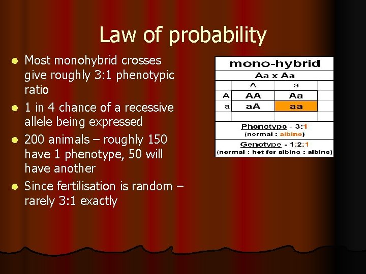 Law of probability l l Most monohybrid crosses give roughly 3: 1 phenotypic ratio