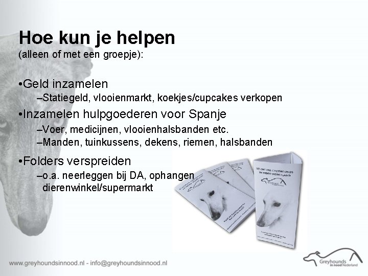 Hoe kun je helpen (alleen of met een groepje): • Geld inzamelen –Statiegeld, vlooienmarkt,