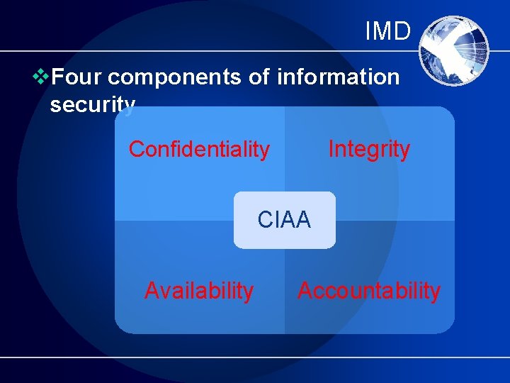 IMD v. Four components of information security Integrity Confidentiality CIAA Availability Accountability 