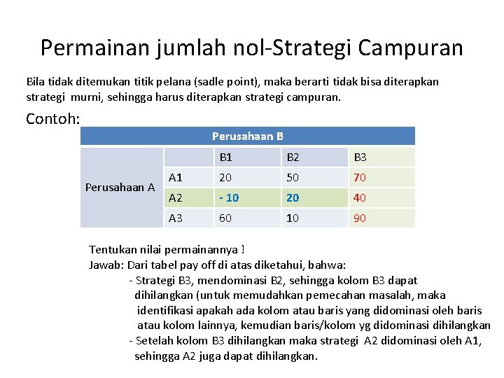 Permainan jumlah nol-Strategi Campuran Bila tidak ditemukan titik pelana (sadle point), maka berarti tidak
