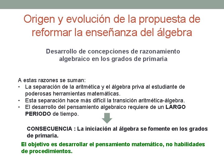 Origen y evolución de la propuesta de reformar la enseñanza del álgebra Desarrollo de