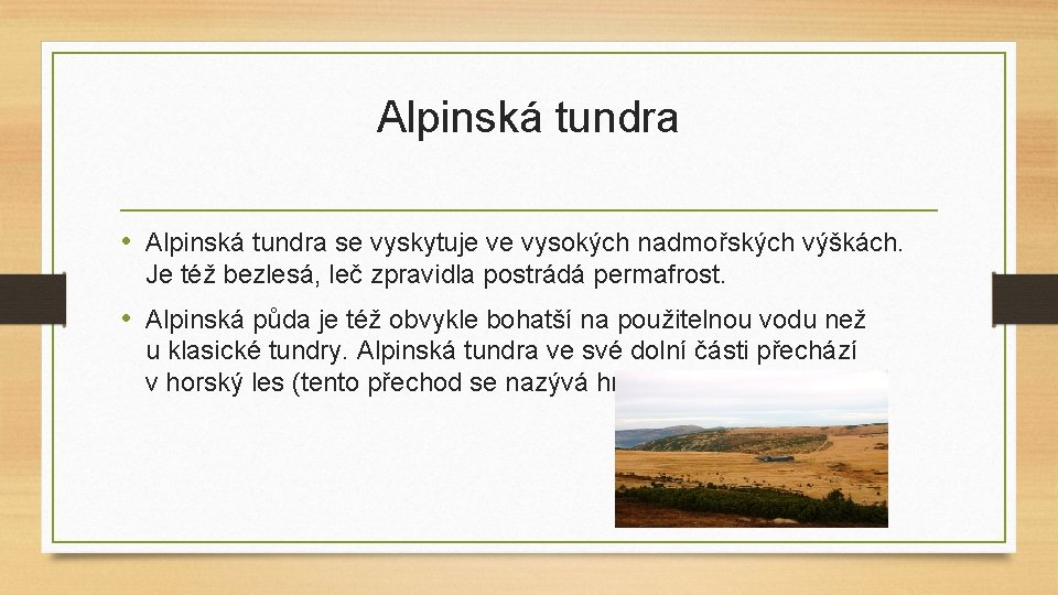 Alpinská tundra • Alpinská tundra se vyskytuje ve vysokých nadmořských výškách. Je též bezlesá,