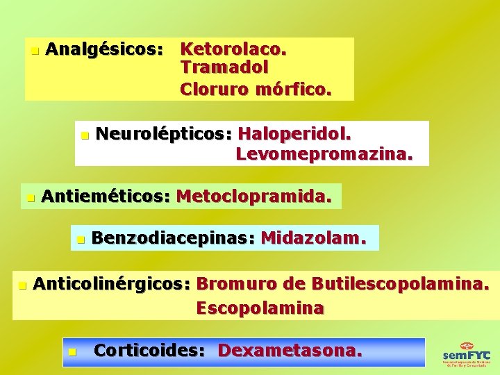  Analgésicos: Ketorolaco. Tramadol Cloruro mórfico. Neurolépticos: Haloperidol. Levomepromazina. Antieméticos: Metoclopramida. Benzodiacepinas: Midazolam. Anticolinérgicos: