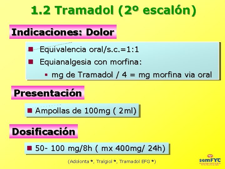 1. 2 Tramadol (2º escalón) Indicaciones: Dolor Equivalencia oral/s. c. =1: 1 Equianalgesia con