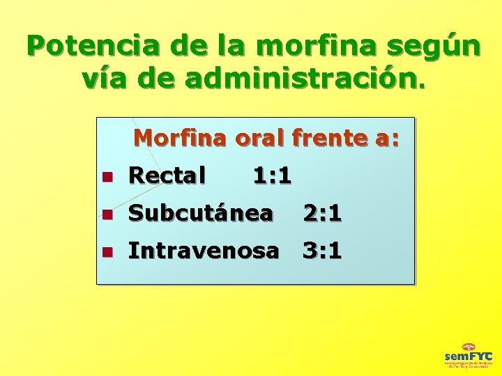 Potencia de la morfina según vía de administración. Morfina oral frente a: Rectal 1: