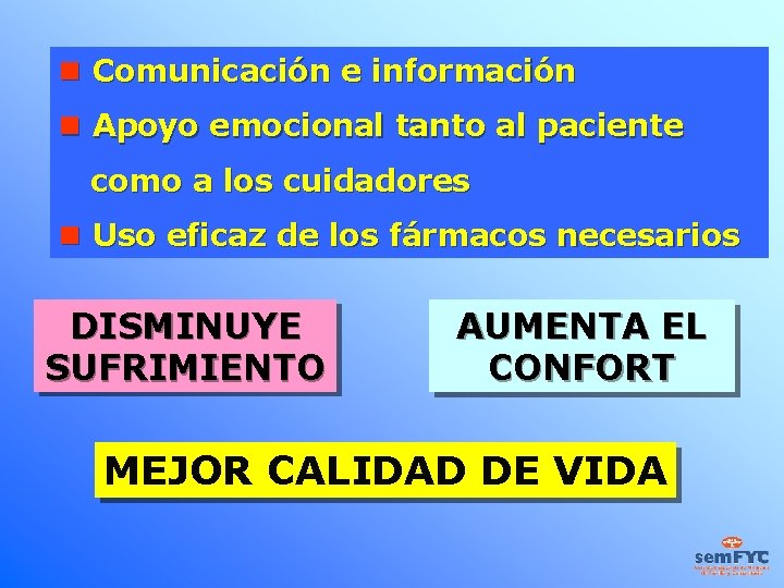  Comunicación e información Apoyo emocional tanto al paciente como a los cuidadores Uso
