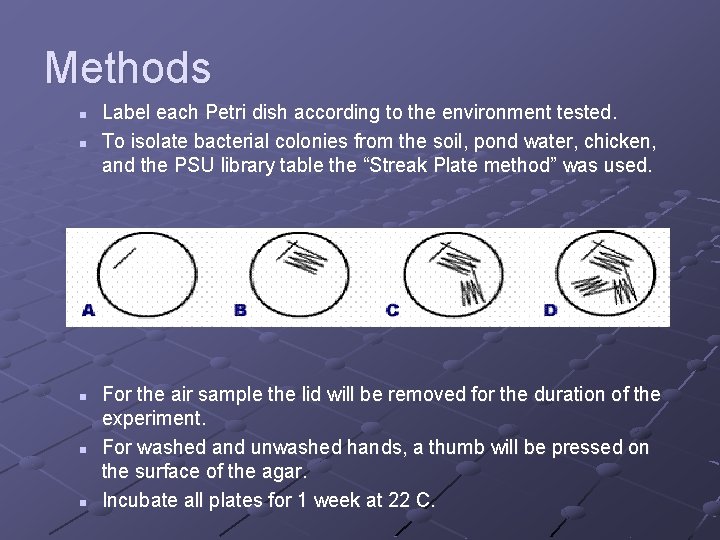 Methods n n n Label each Petri dish according to the environment tested. To