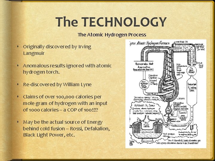 The TECHNOLOGY The Atomic Hydrogen Process Originally discovered by Irving Langmuir Anomalous results ignored