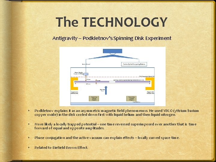 The TECHNOLOGY Antigravity – Podkletnov’s Spinning Disk Experiment Podkletnov explains it as an asymmetric