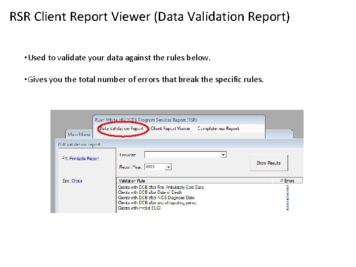 RSR Client Report Viewer (Data Validation Report) • Used to validate your data against