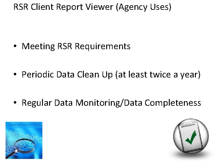 RSR Client Report Viewer (Agency Uses) • Meeting RSR Requirements • Periodic Data Clean