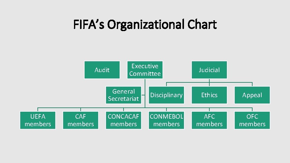 FIFA’s Organizational Chart Audit UEFA members CAF members Executive Committee Judicial General Secretariat Disciplinary