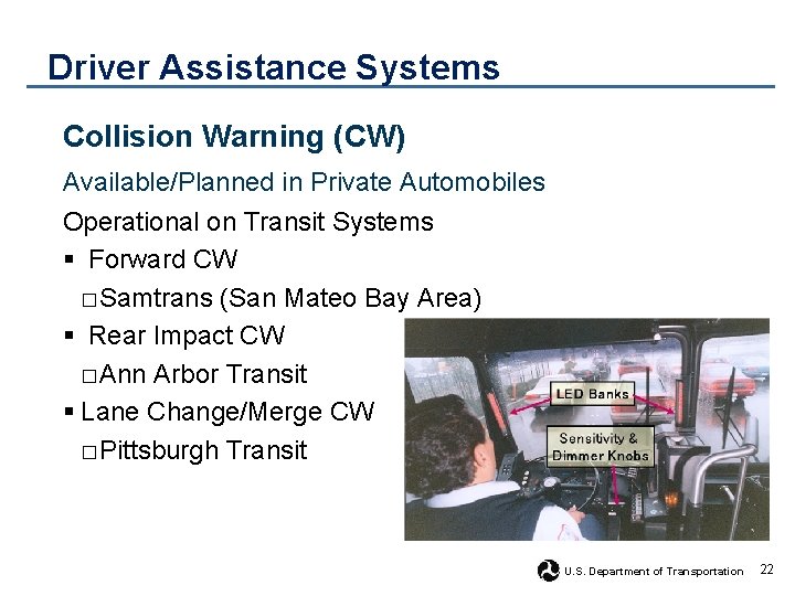 Driver Assistance Systems Collision Warning (CW) Available/Planned in Private Automobiles Operational on Transit Systems