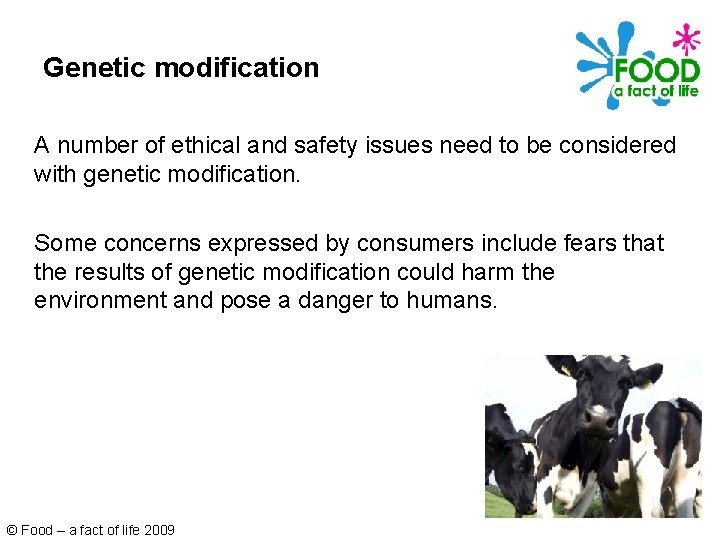 Genetic modification A number of ethical and safety issues need to be considered with