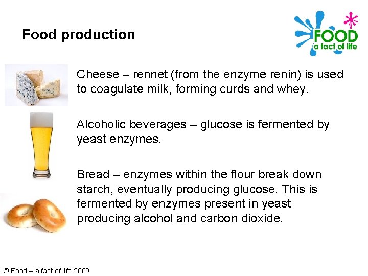 Food production Cheese – rennet (from the enzyme renin) is used to coagulate milk,